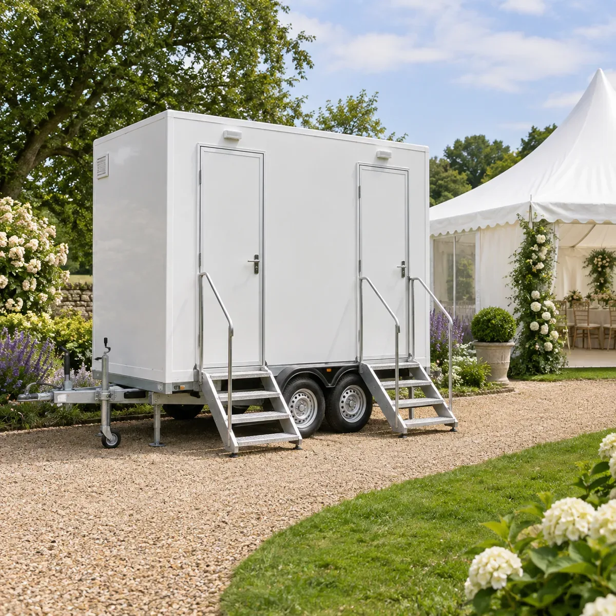Illustration of a white toilet trailer beside a garden wedding marquee