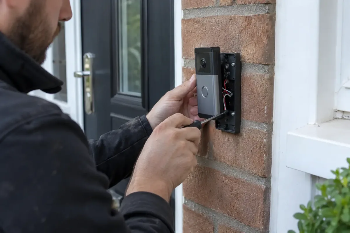 Close view of a technician using a small screwdriver to mount an unbranded video doorbell beside a UK house front door. Faceplate partly open with plausible short low-voltage wires. Realistic hands and recognisable doorbell camera.