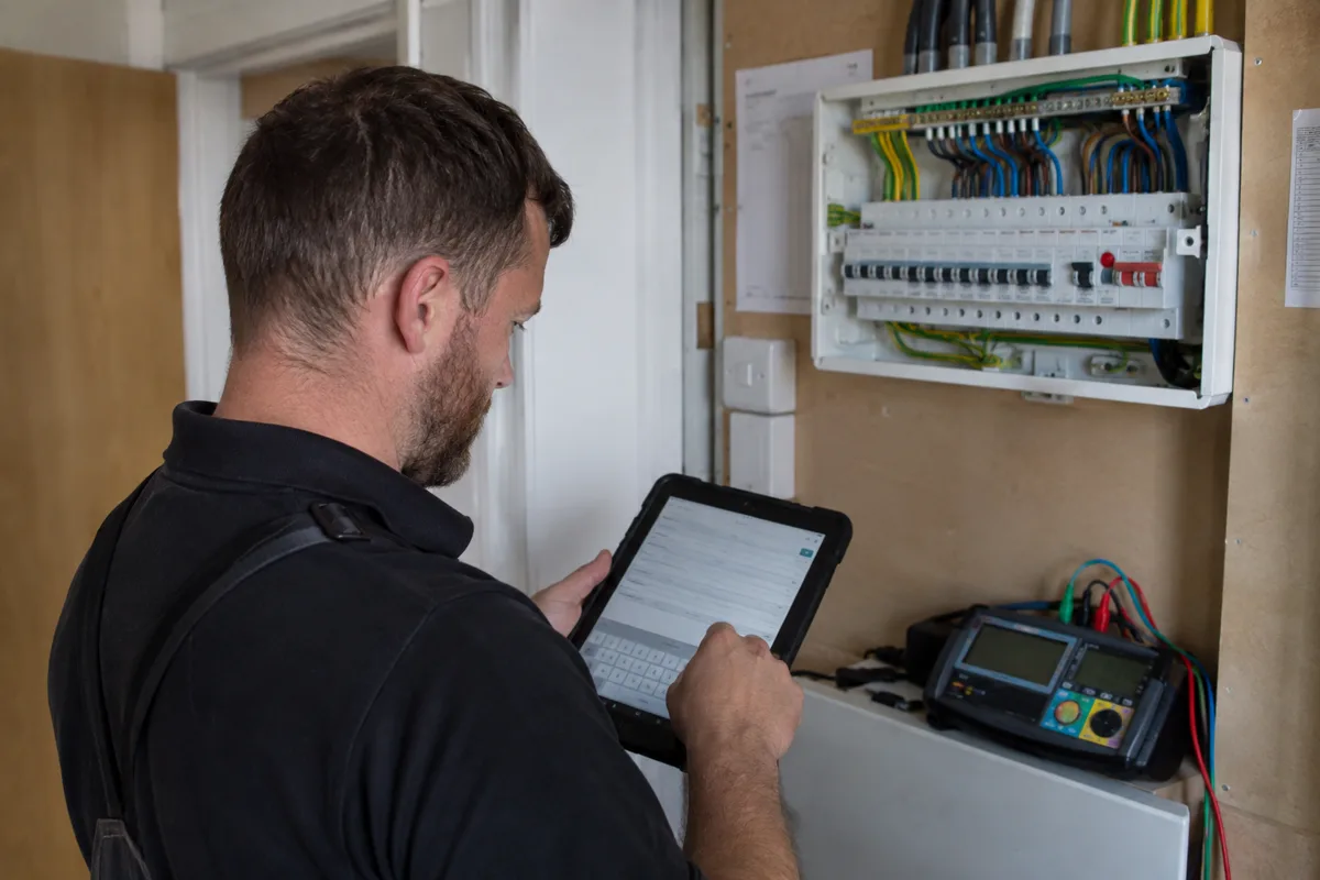 Electrician documenting commercial consumer-unit testing