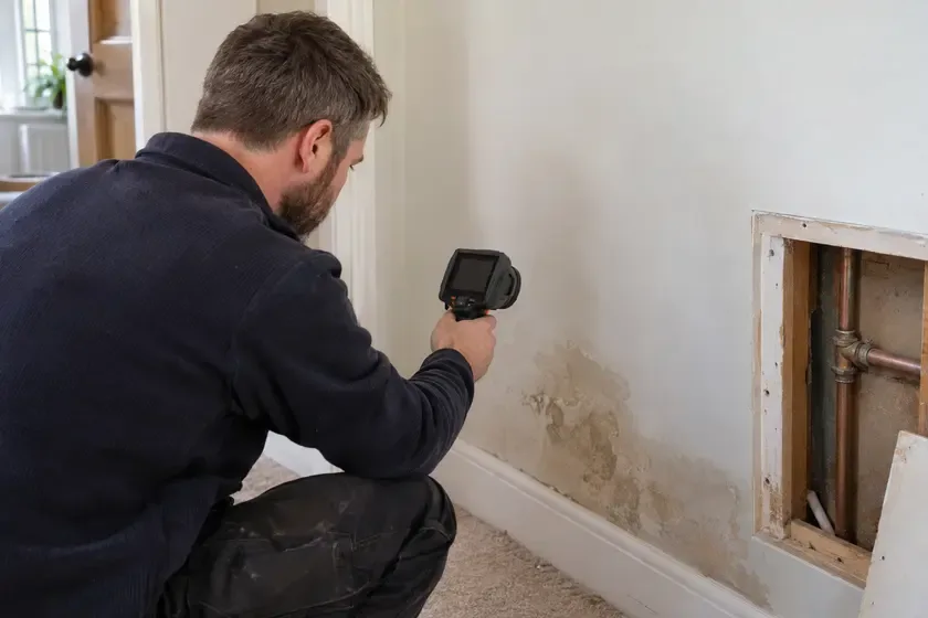 Technician investigating a concealed pipe leak behind a damp wall.
