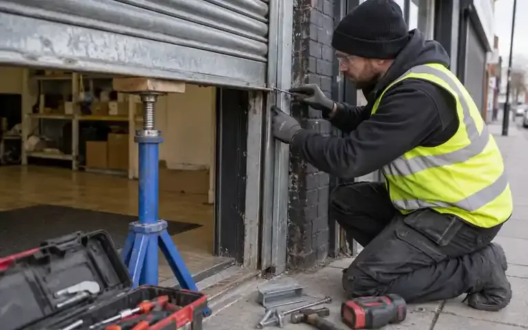 Technician works on a jammed raised shutter with supporting equipment.