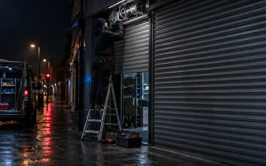 Roller shutter barrel and upper mechanism being inspected at night