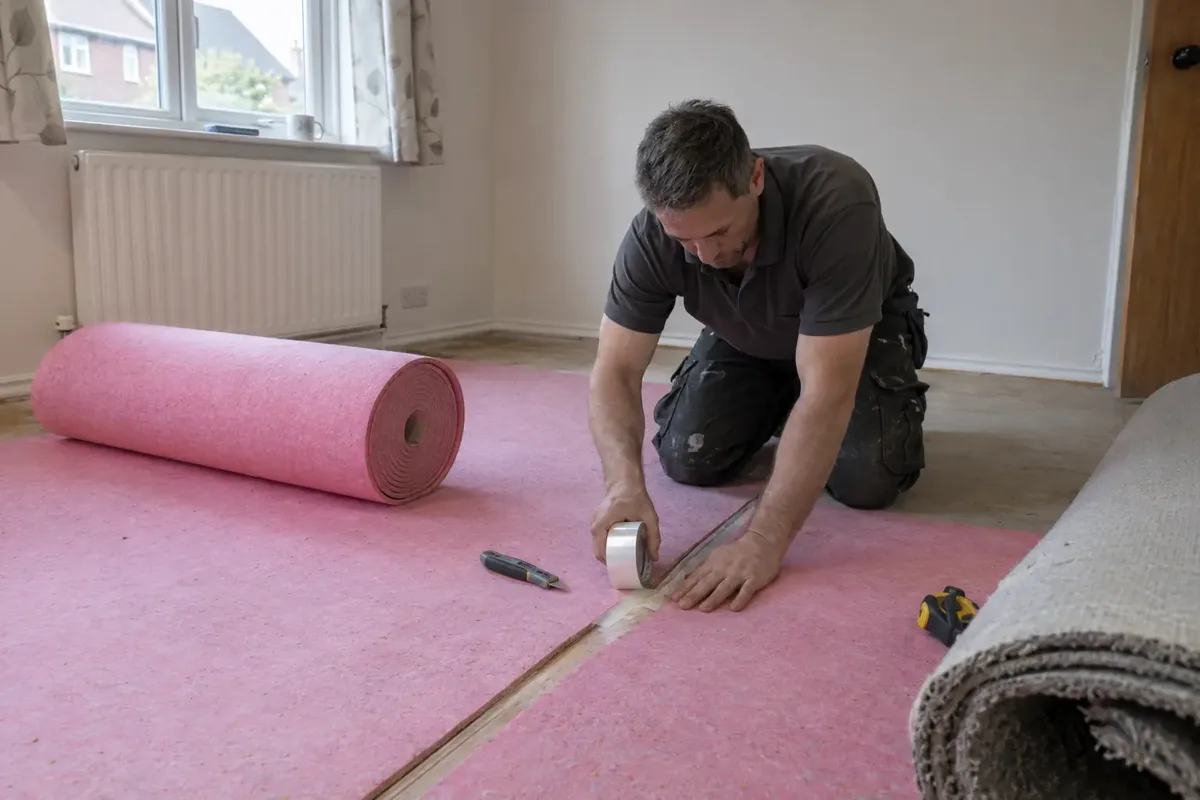 Carpet fitter laying and taping seams between strips of new carpet underlay on a bare subfloor, pink foam underlay roll and taped joint clearly visible, carpet rolled back nearby, kneeling with seam tape.