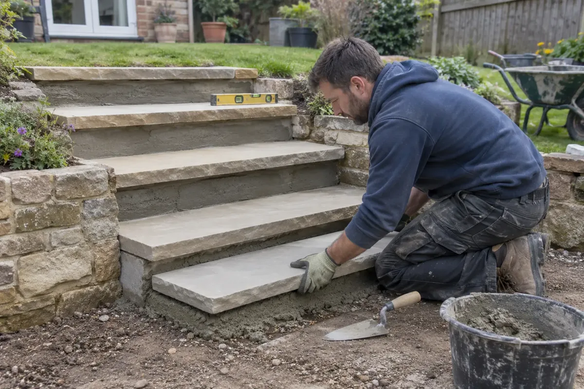 A landscaper carefully bedding a stone tread onto newly constructed garden steps between two garden levels; four broad even steps, visible mortar base, trowel, spirit level, gloves and boots.