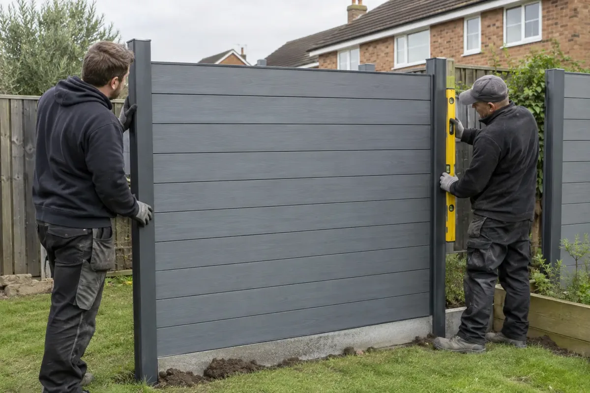 Two installers aligning a grey wood-effect composite fence panel between matching support posts in a suburban garden, horizontal composite boards visibly distinct from timber, spirit level and gloves.