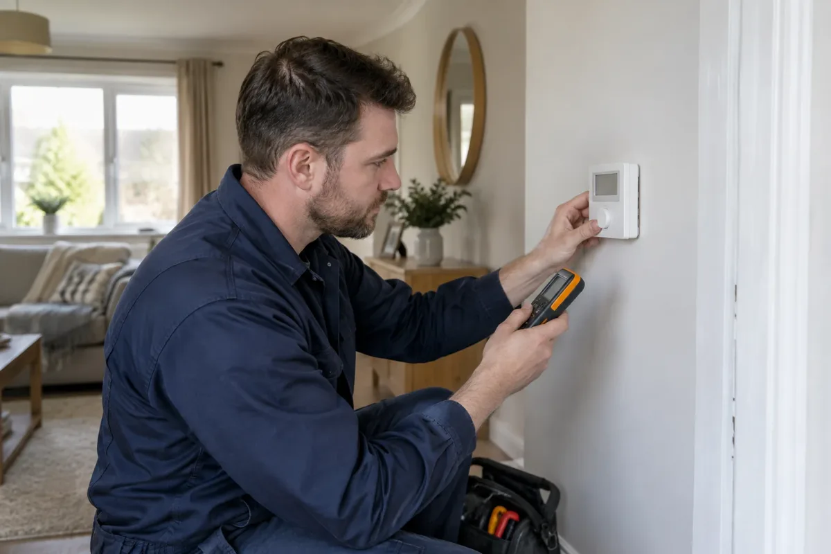 Heating engineer checking wall-mounted room controls