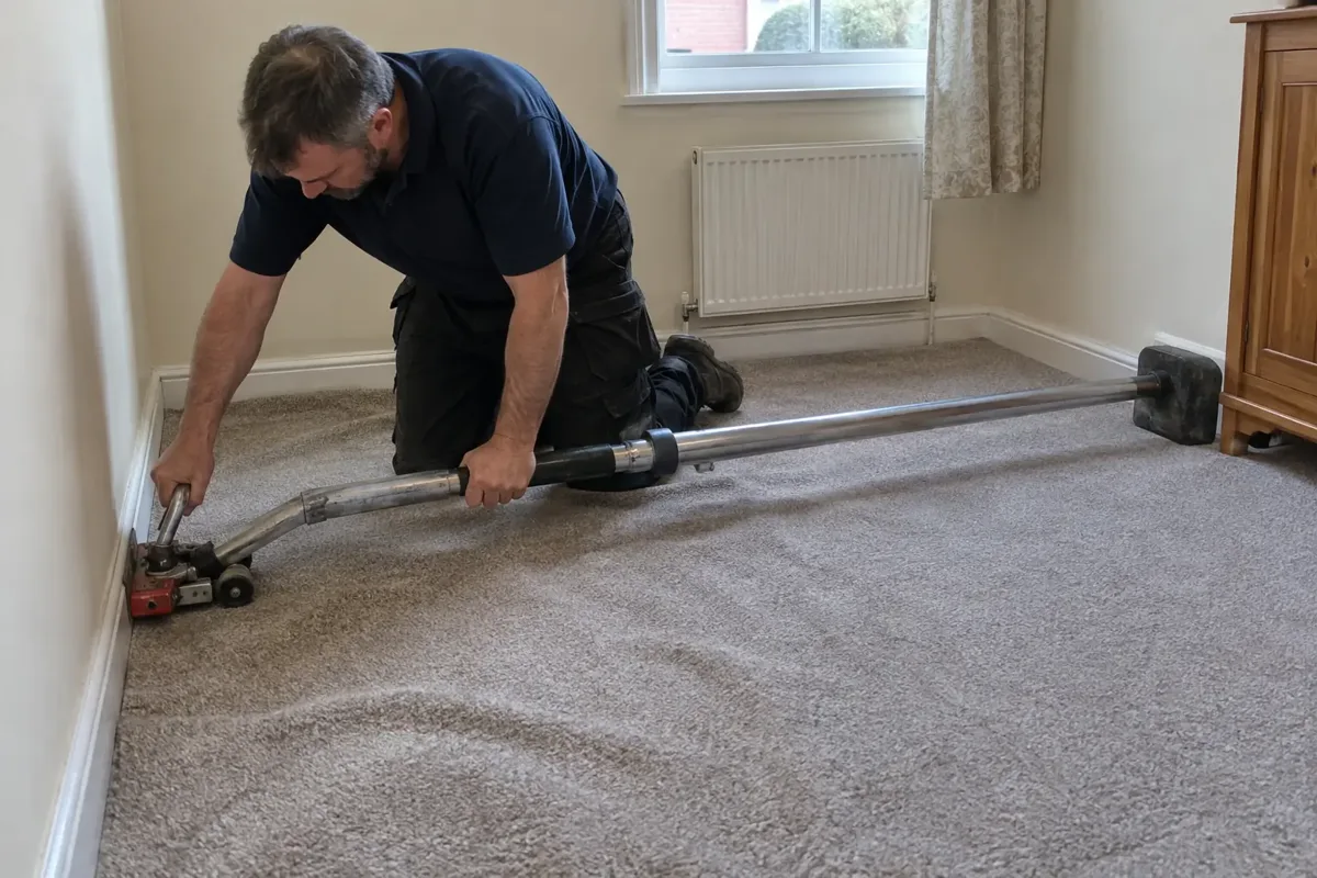 Carpet fitter retensioning visibly slightly rippled fitted carpet using a recognizable power stretcher with long telescopic pole and padded bracing block at opposite wall, lever head near skirting, hands operate tool correctly.