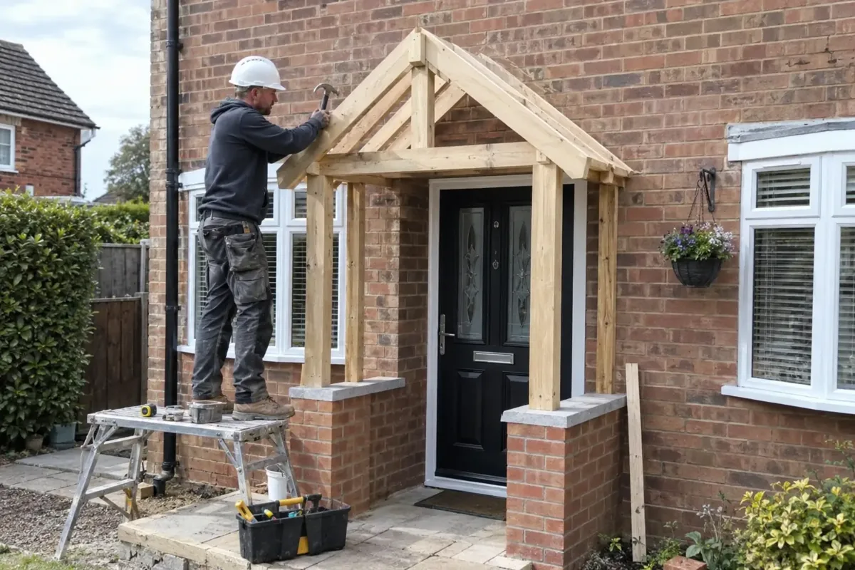 Builder fitting the timber roof frame of a small new brick entrance porch attached around a British house front door, complete porch footprint and doorway clearly visible, safe low work platform, neat hand tools and helmet.