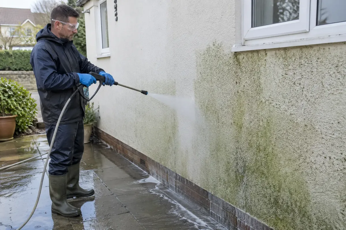 A professional gently soft washing a pale rendered exterior house wall at ground level, low-pressure sprayer producing a mild fan mist onto algae-stained render, clean light patch, gloves, splash goggles, waterproof boots, hose and controlled runoff.