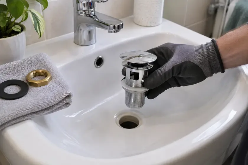 Plumber fitting a new chrome pop-up waste into a bathroom basin.