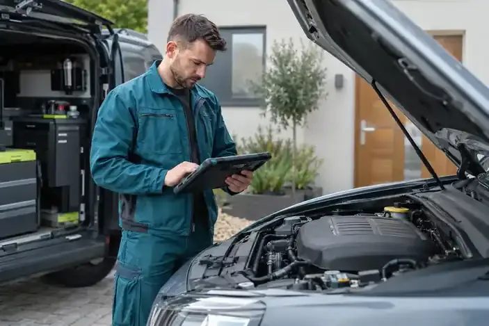 Mobile mechanic diagnosing a car at home