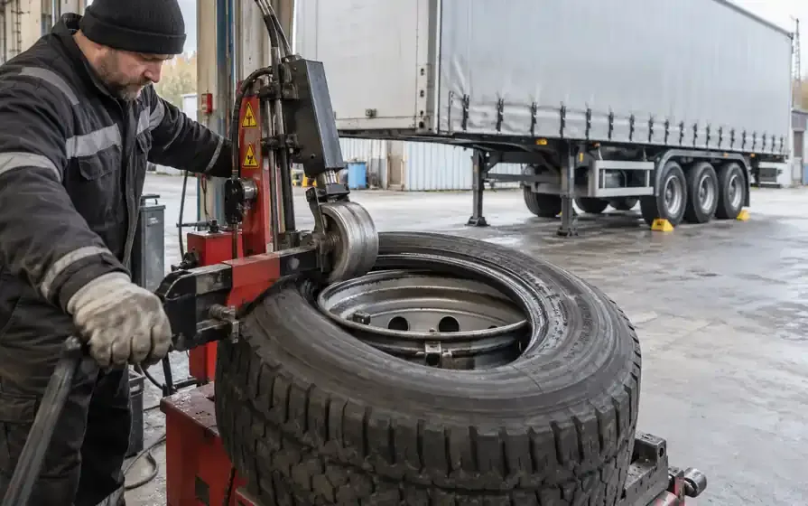 Technician using a hydraulic mounting roller to fit a trailer tyre, with a detached semitrailer behind.