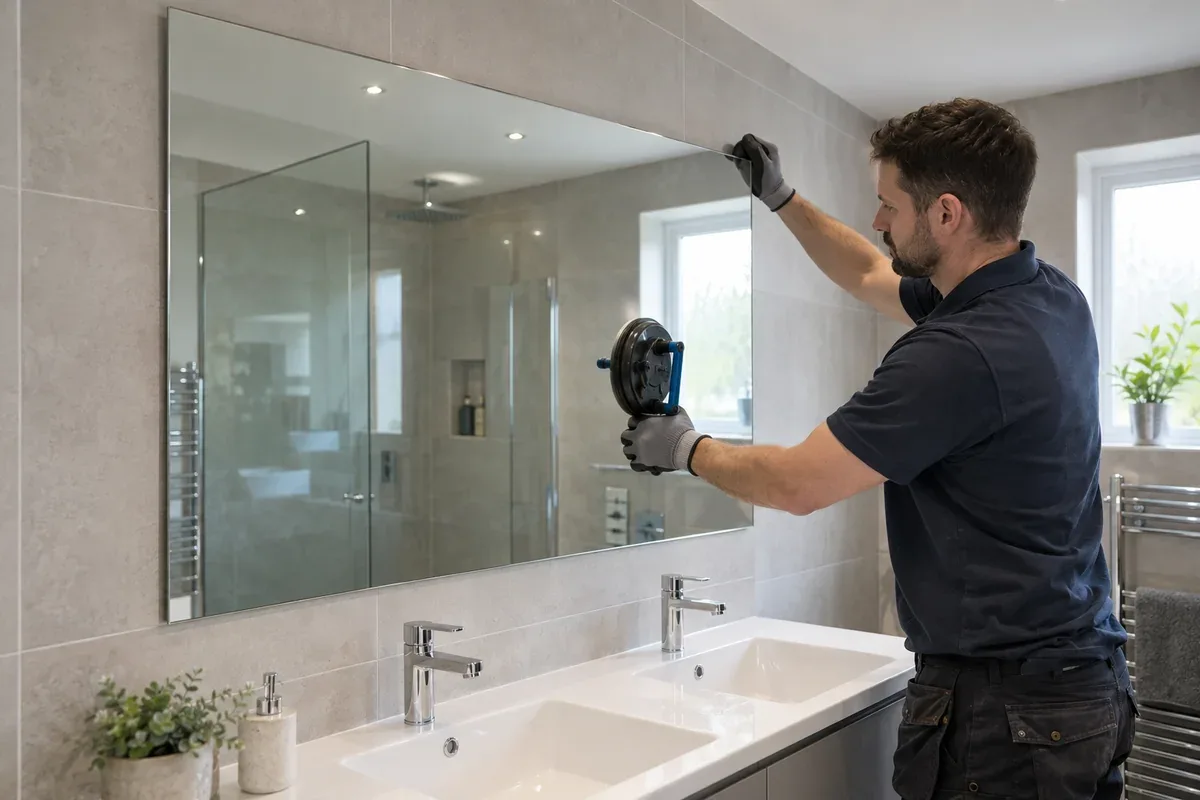 Glazier fitting a replacement wall mirror