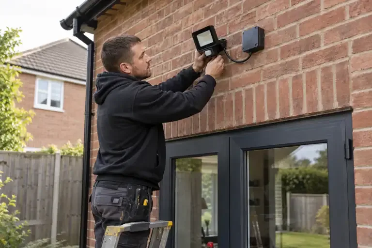 Security lighting installation: a professional electrician assessing or carrying out the electrical work.