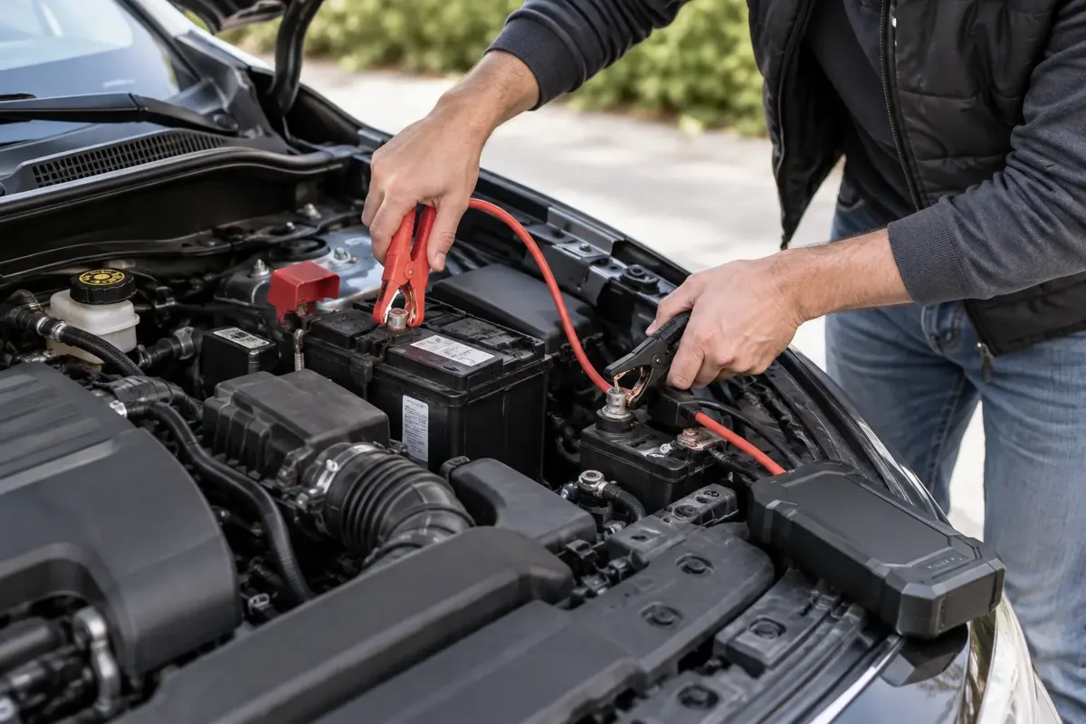 Technician connecting a jump starter to a car battery safely