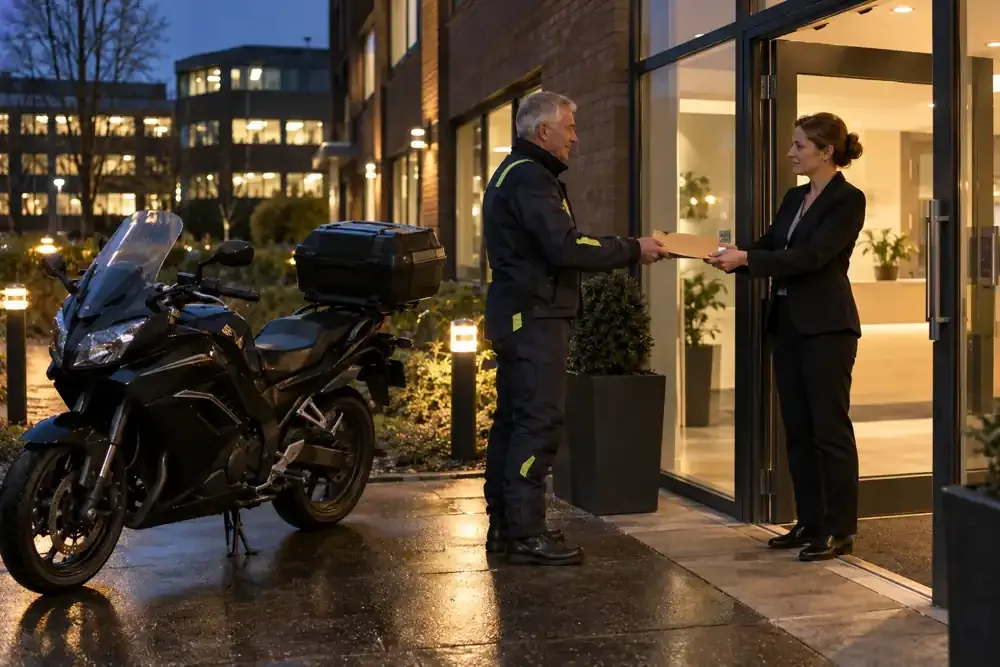 a motorcycle courier preparing or handing over a suitable consignment