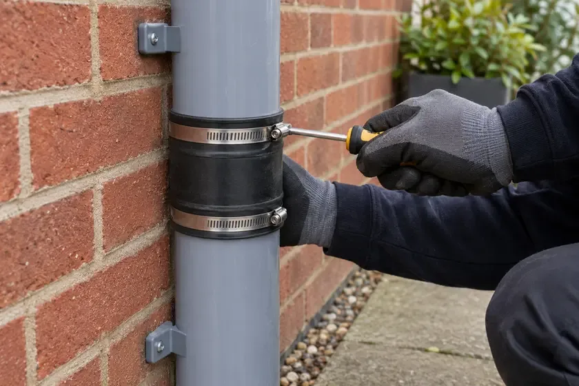 Plumber securing a repair coupling on an outdoor soil pipe.