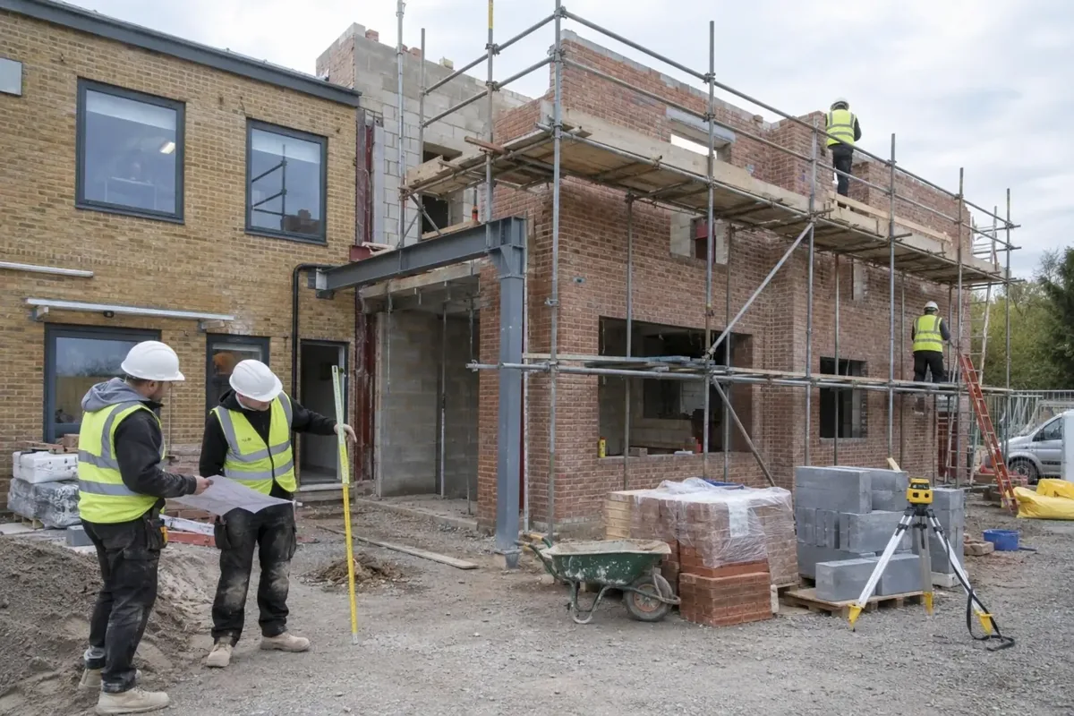 Professional construction crew building a two-storey brick extension on a small commercial office building, both storeys clearly visible with structural connections and guarded scaffolding. Foreground workers review setting-out with measuring tools, helmets and safety boots.
