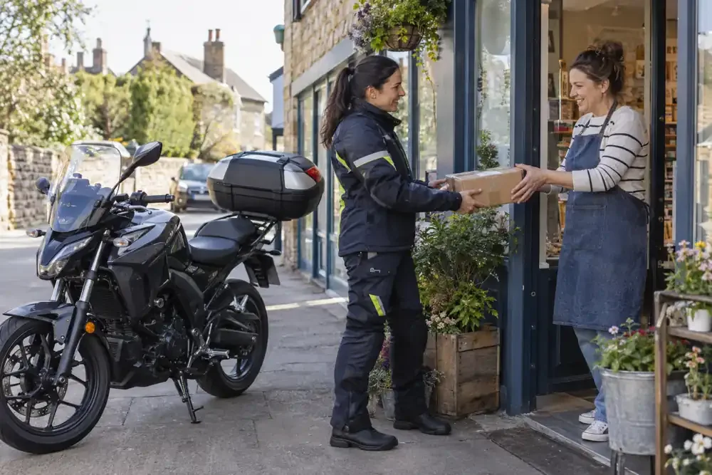 a motorcycle courier preparing or handing over a suitable consignment