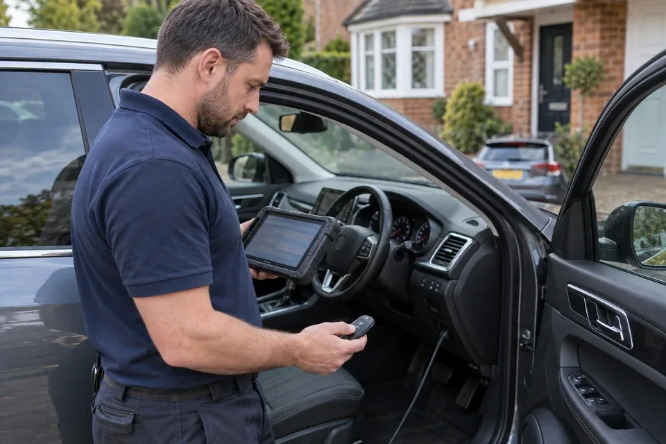 Locksmith using a diagnostic tablet beside an open car door
